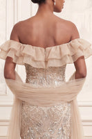 Load image into Gallery viewer, Mermaid Sparkly Apricot Ruffled Beaded Long Formal Dress with Shawl