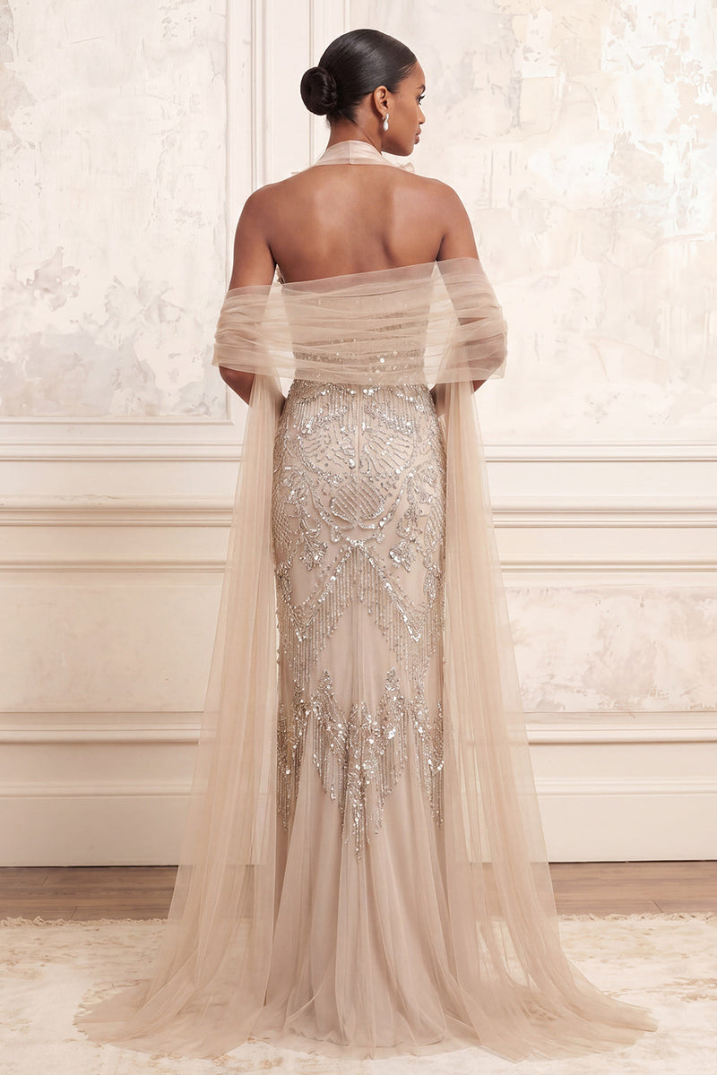 Load image into Gallery viewer, Halter Sparkly Apricot Ruffled Mermaid Long Beaded Formal Dress with Shawl