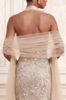 Load image into Gallery viewer, Halter Sparkly Apricot Ruffled Mermaid Long Beaded Formal Dress with Shawl