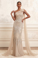 Load image into Gallery viewer, Sparkly Apricot Mermaid One Shoulder Long Beaded Formal Dress with Cape