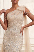Load image into Gallery viewer, Sparkly Apricot Mermaid One Shoulder Long Beaded Formal Dress with Cape