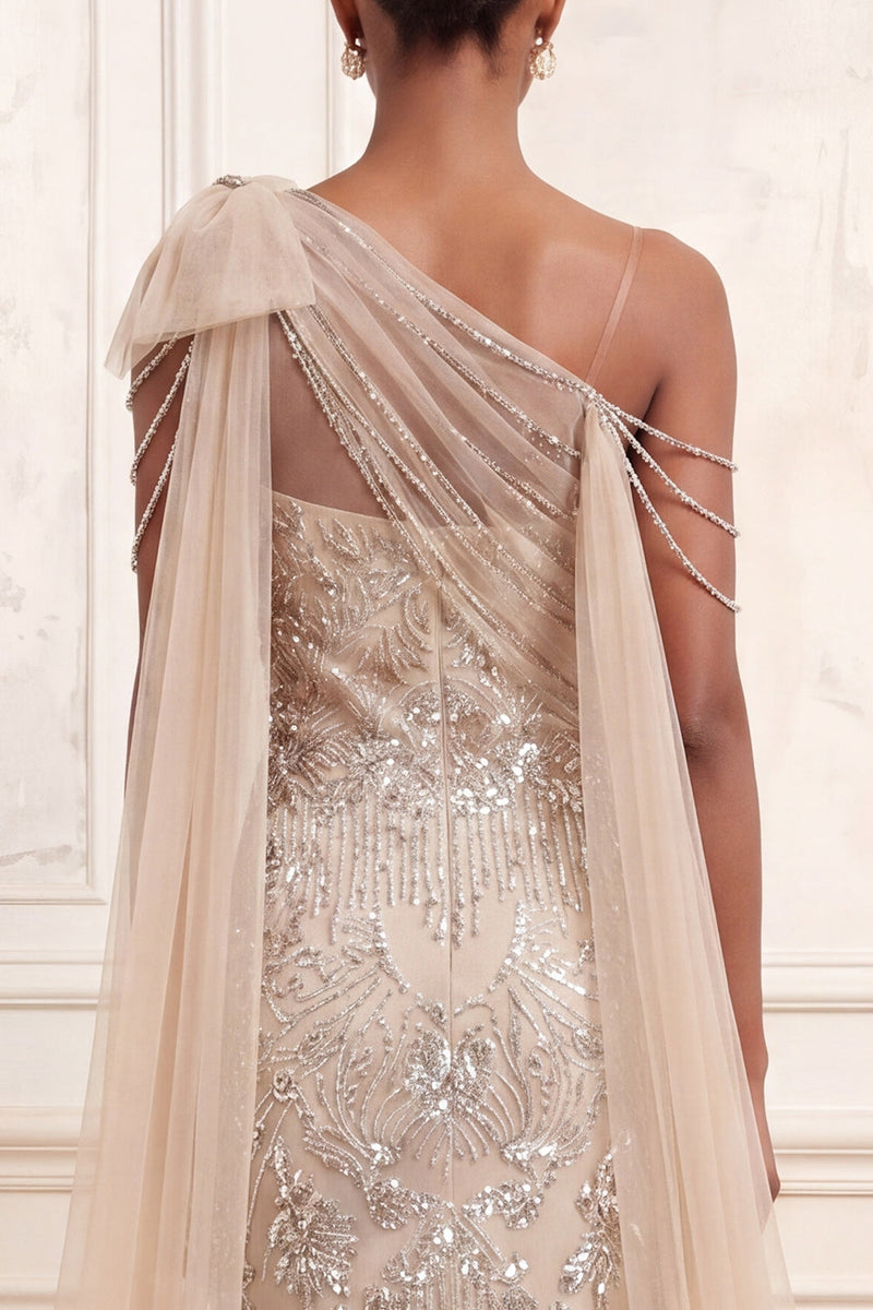 Load image into Gallery viewer, Sparkly Apricot Mermaid One Shoulder Long Beaded Formal Dress with Cape