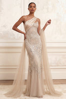 Load image into Gallery viewer, Sparkly Apricot Spaghetti Straps Beaded Long Mermaid Formal Dress