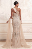 Load image into Gallery viewer, Sparkly Apricot Spaghetti Straps Beaded Long Mermaid Formal Dress