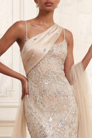 Load image into Gallery viewer, Sparkly Apricot Spaghetti Straps Beaded Long Mermaid Formal Dress