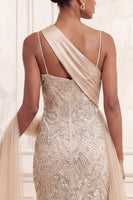 Load image into Gallery viewer, Sparkly Apricot Spaghetti Straps Beaded Long Mermaid Formal Dress
