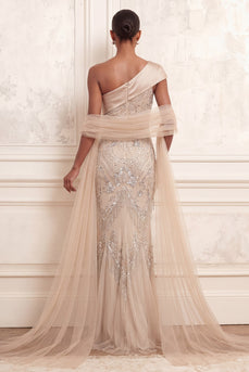 Sparkly Apricot Mermaid Beaded One Shoulder Long Formal Dress with Rhinestones