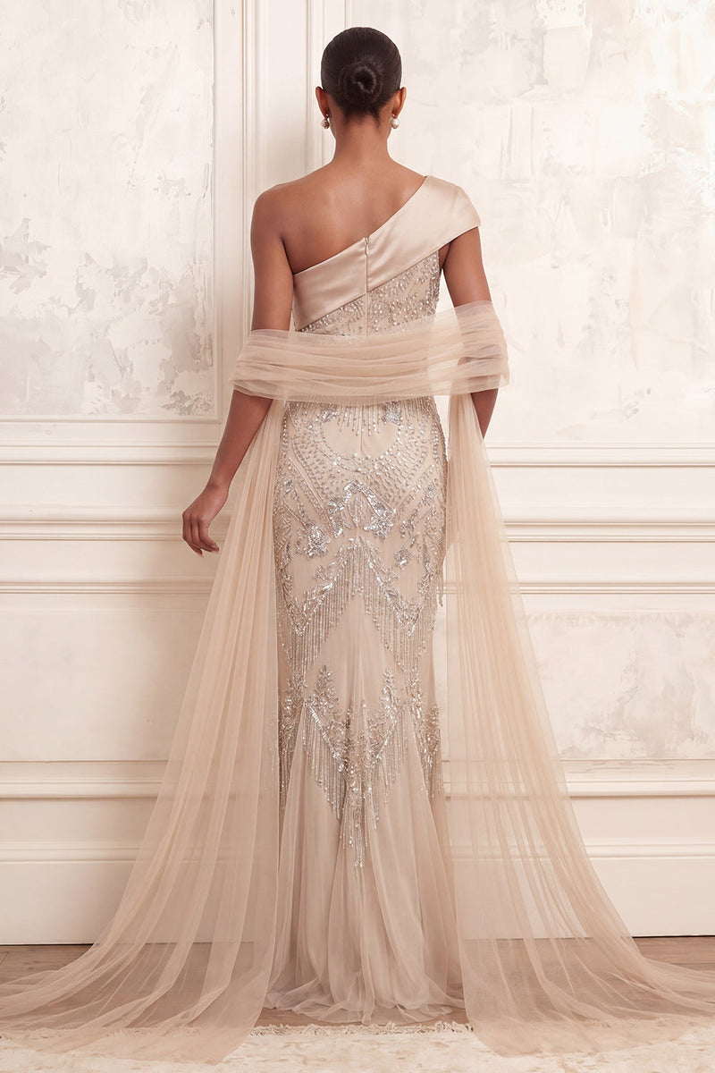 Load image into Gallery viewer, Sparkly Apricot Mermaid Beaded One Shoulder Long Formal Dress with Rhinestones
