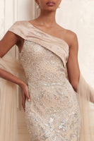 Load image into Gallery viewer, Sparkly Apricot Mermaid Beaded One Shoulder Long Formal Dress with Rhinestones