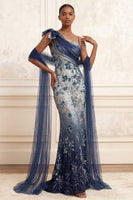 Load image into Gallery viewer, Sparkly Navy Ruched Floral Mermaid Beaded Long Formal Dress with Bow