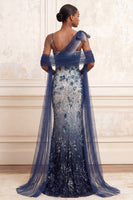 Load image into Gallery viewer, Sparkly Navy Ruched Floral Mermaid Beaded Long Formal Dress with Bow