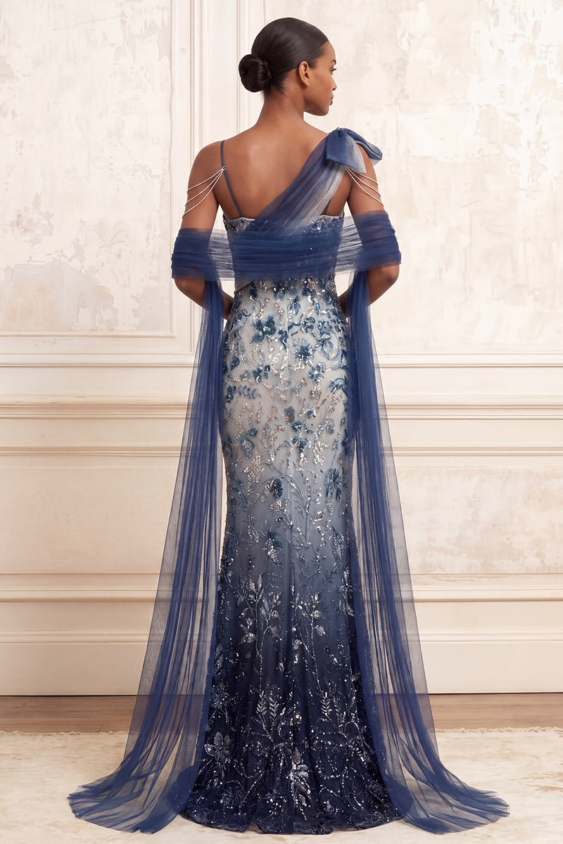 Load image into Gallery viewer, Sparkly Navy Ruched Floral Mermaid Beaded Long Formal Dress with Bow