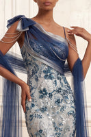 Load image into Gallery viewer, Sparkly Navy Ruched Floral Mermaid Beaded Long Formal Dress with Bow