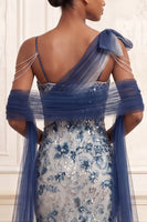Load image into Gallery viewer, Sparkly Navy Ruched Floral Mermaid Beaded Long Formal Dress with Bow