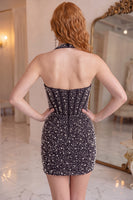 Load image into Gallery viewer, Sparkly Yellow Halter Tight Short Corset Homecoming Dress with Pearls