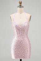 Load image into Gallery viewer, Sparkly Yellow Halter Tight Short Corset Homecoming Dress with Pearls