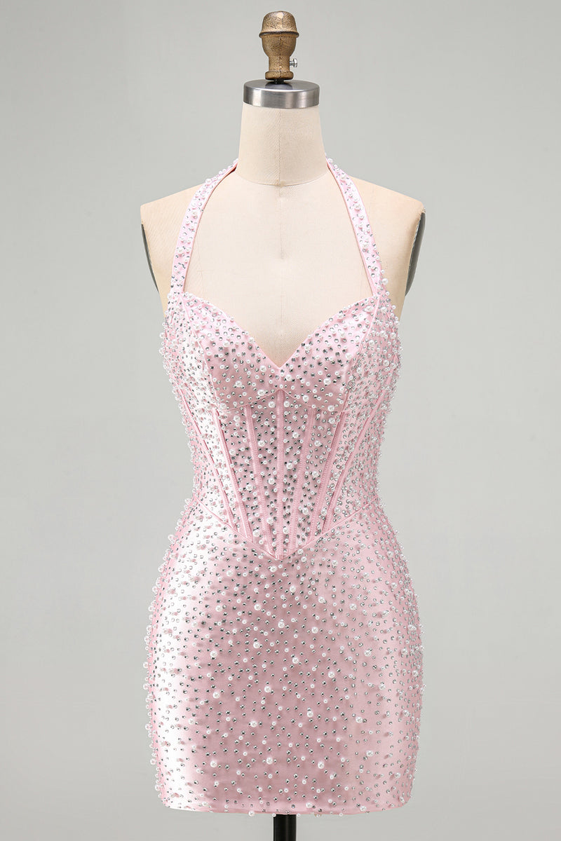 Load image into Gallery viewer, Sparkly Yellow Halter Tight Short Corset Homecoming Dress with Pearls