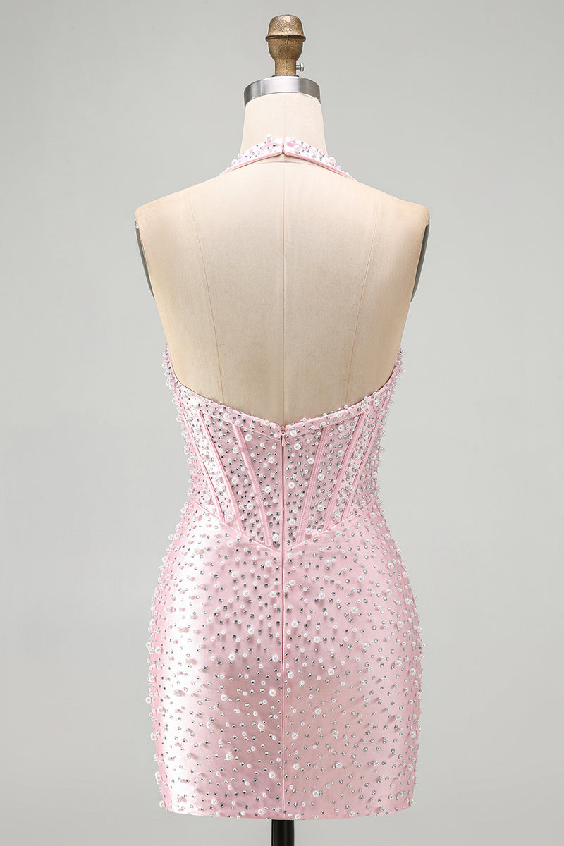 Load image into Gallery viewer, Sparkly Yellow Halter Tight Short Corset Homecoming Dress with Pearls