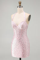 Load image into Gallery viewer, Sparkly Yellow Halter Tight Short Corset Homecoming Dress with Pearls