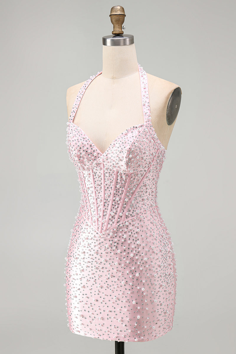 Load image into Gallery viewer, Sparkly Yellow Halter Tight Short Corset Homecoming Dress with Pearls