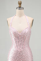 Load image into Gallery viewer, Sparkly Yellow Halter Tight Short Corset Homecoming Dress with Pearls