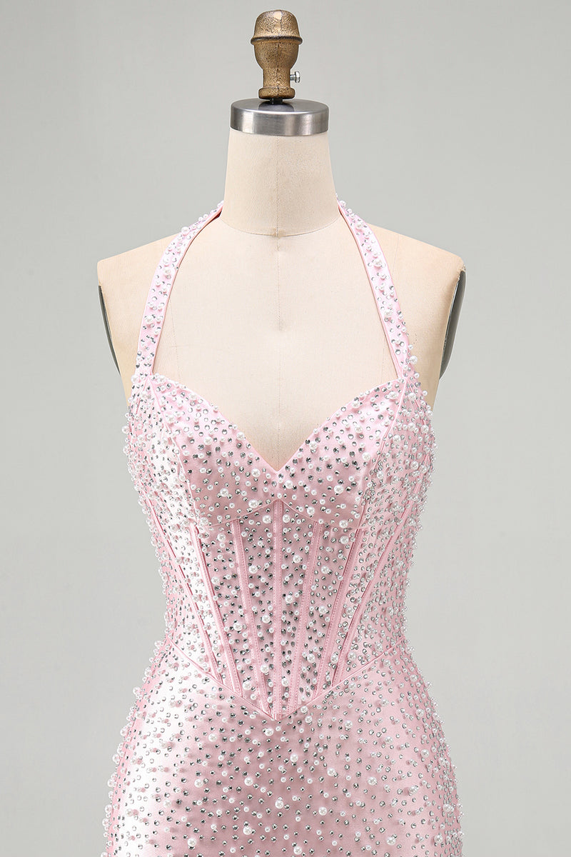 Load image into Gallery viewer, Sparkly Yellow Halter Tight Short Corset Homecoming Dress with Pearls