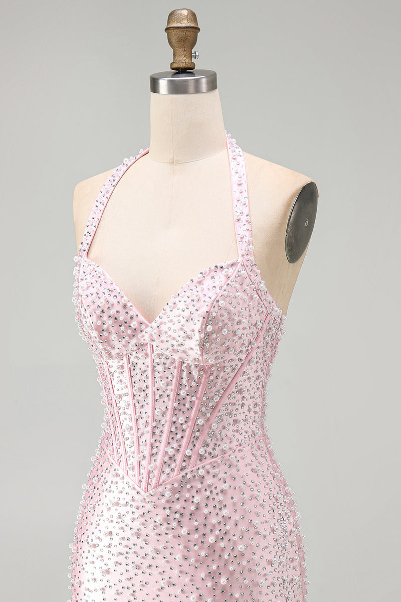 Load image into Gallery viewer, Sparkly Yellow Halter Tight Short Corset Homecoming Dress with Pearls