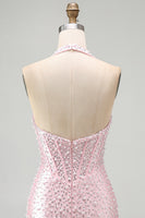 Load image into Gallery viewer, Sparkly Yellow Halter Tight Short Corset Homecoming Dress with Pearls