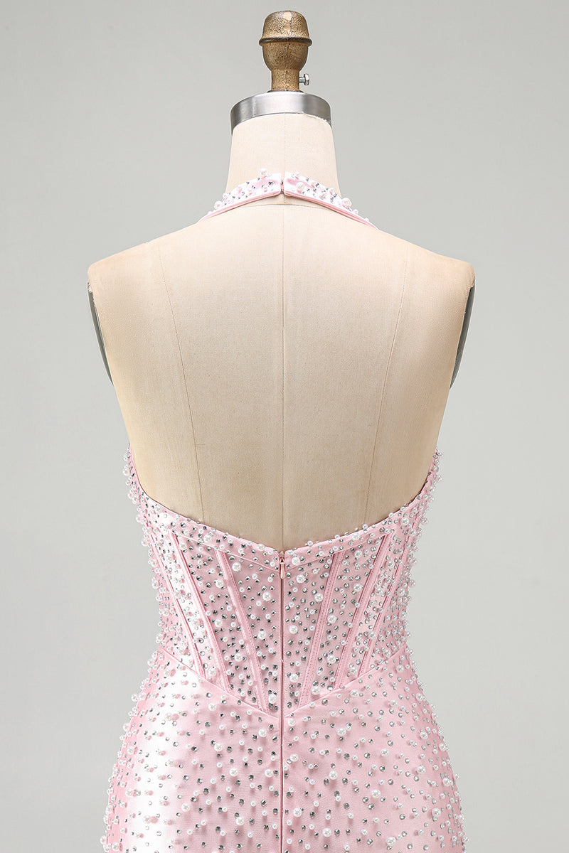Load image into Gallery viewer, Sparkly Yellow Halter Tight Short Corset Homecoming Dress with Pearls