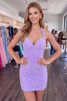 Load image into Gallery viewer, Sparkly Yellow Halter Tight Short Corset Homecoming Dress with Pearls