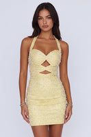 Load image into Gallery viewer, Sparkly Butter Yellow Halter Keyhole Tight Short Homecoming Dress with Pearls