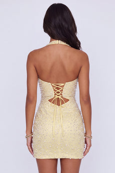 Sparkly Butter Yellow Halter Keyhole Tight Short Homecoming Dress with Pearls