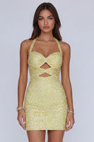 Load image into Gallery viewer, Sparkly Butter Yellow Halter Keyhole Tight Short Homecoming Dress with Pearls