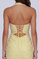 Load image into Gallery viewer, Sparkly Butter Yellow Halter Keyhole Tight Short Homecoming Dress with Pearls