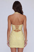 Load image into Gallery viewer, Sparkly Butter Yellow Halter Keyhole Tight Short Homecoming Dress with Pearls