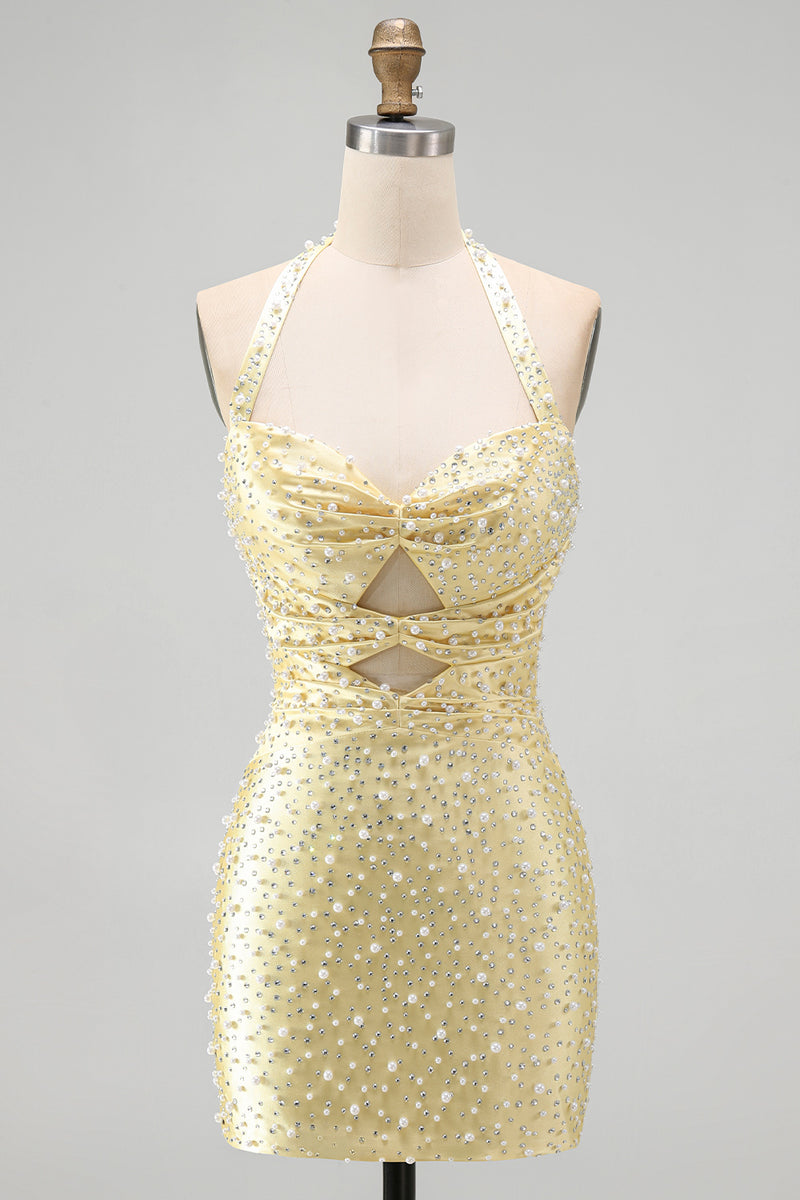 Load image into Gallery viewer, Sparkly Butter Yellow Halter Keyhole Tight Short Homecoming Dress with Pearls