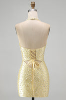 Load image into Gallery viewer, Sparkly Butter Yellow Halter Keyhole Tight Short Homecoming Dress with Pearls