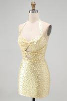 Load image into Gallery viewer, Sparkly Butter Yellow Halter Keyhole Tight Short Homecoming Dress with Pearls