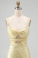 Load image into Gallery viewer, Sparkly Butter Yellow Halter Keyhole Tight Short Homecoming Dress with Pearls