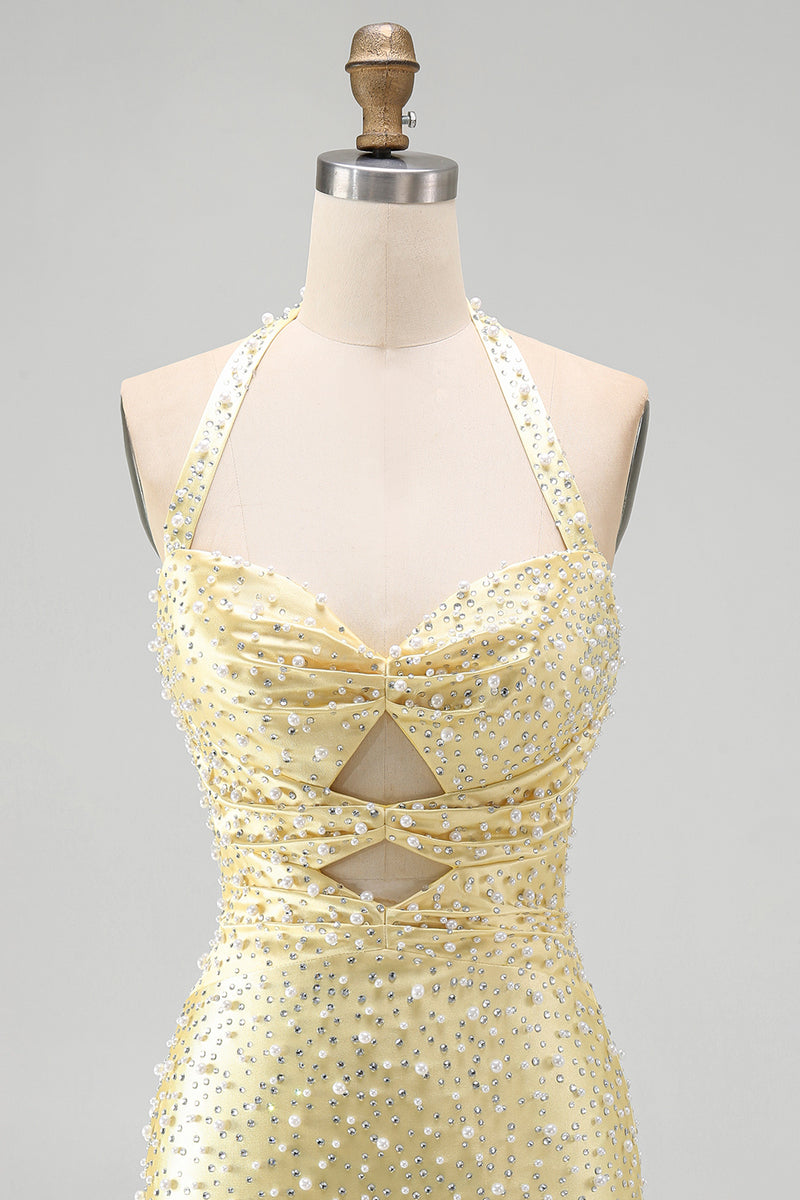Load image into Gallery viewer, Sparkly Butter Yellow Halter Keyhole Tight Short Homecoming Dress with Pearls