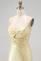 Load image into Gallery viewer, Sparkly Butter Yellow Halter Keyhole Tight Short Homecoming Dress with Pearls