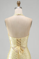 Load image into Gallery viewer, Sparkly Butter Yellow Halter Keyhole Tight Short Homecoming Dress with Pearls