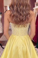 Load image into Gallery viewer, Sparkly Yellow Corset Short Homecoming Dress with Bow