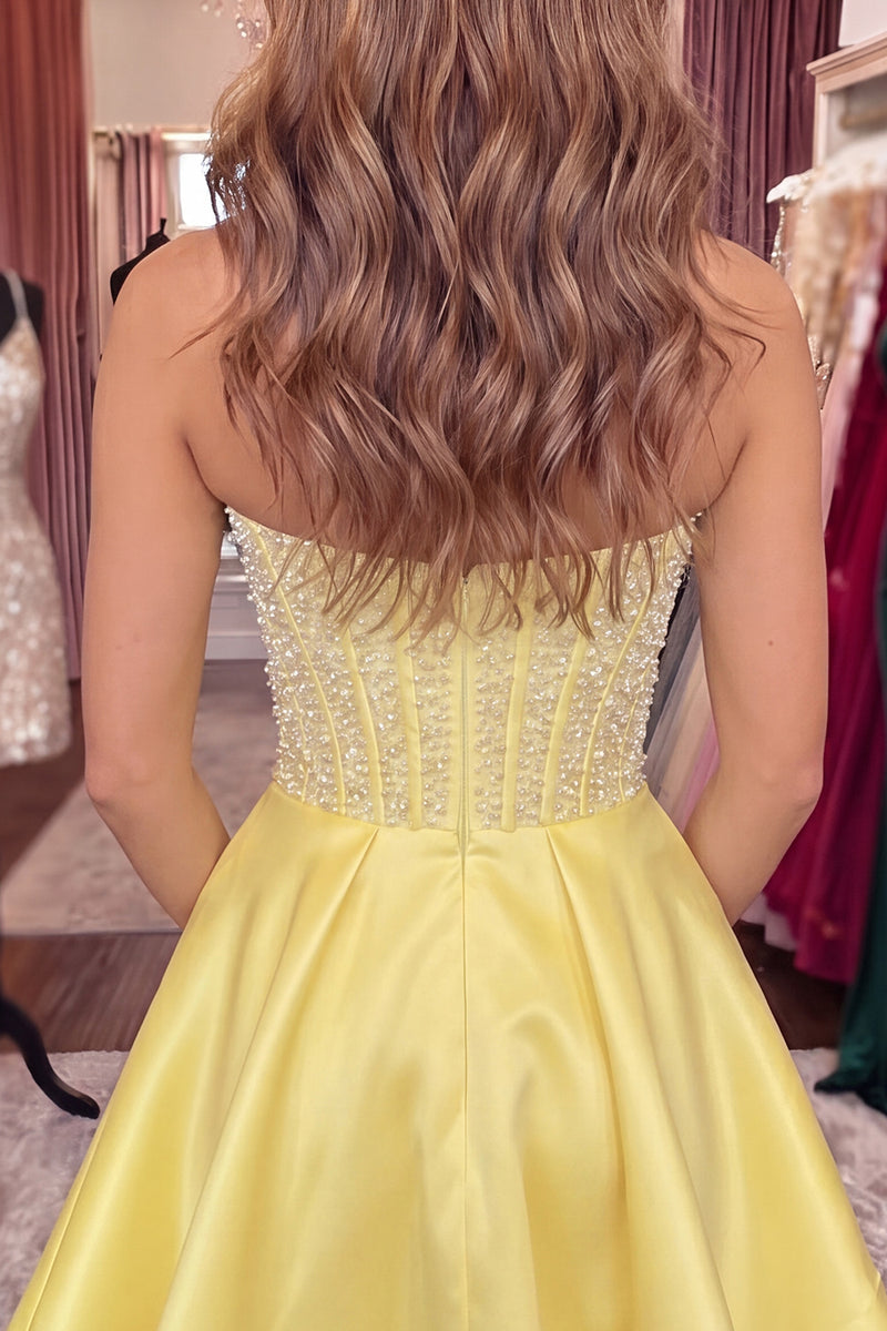 Load image into Gallery viewer, Sparkly Yellow Corset Short Homecoming Dress with Bow
