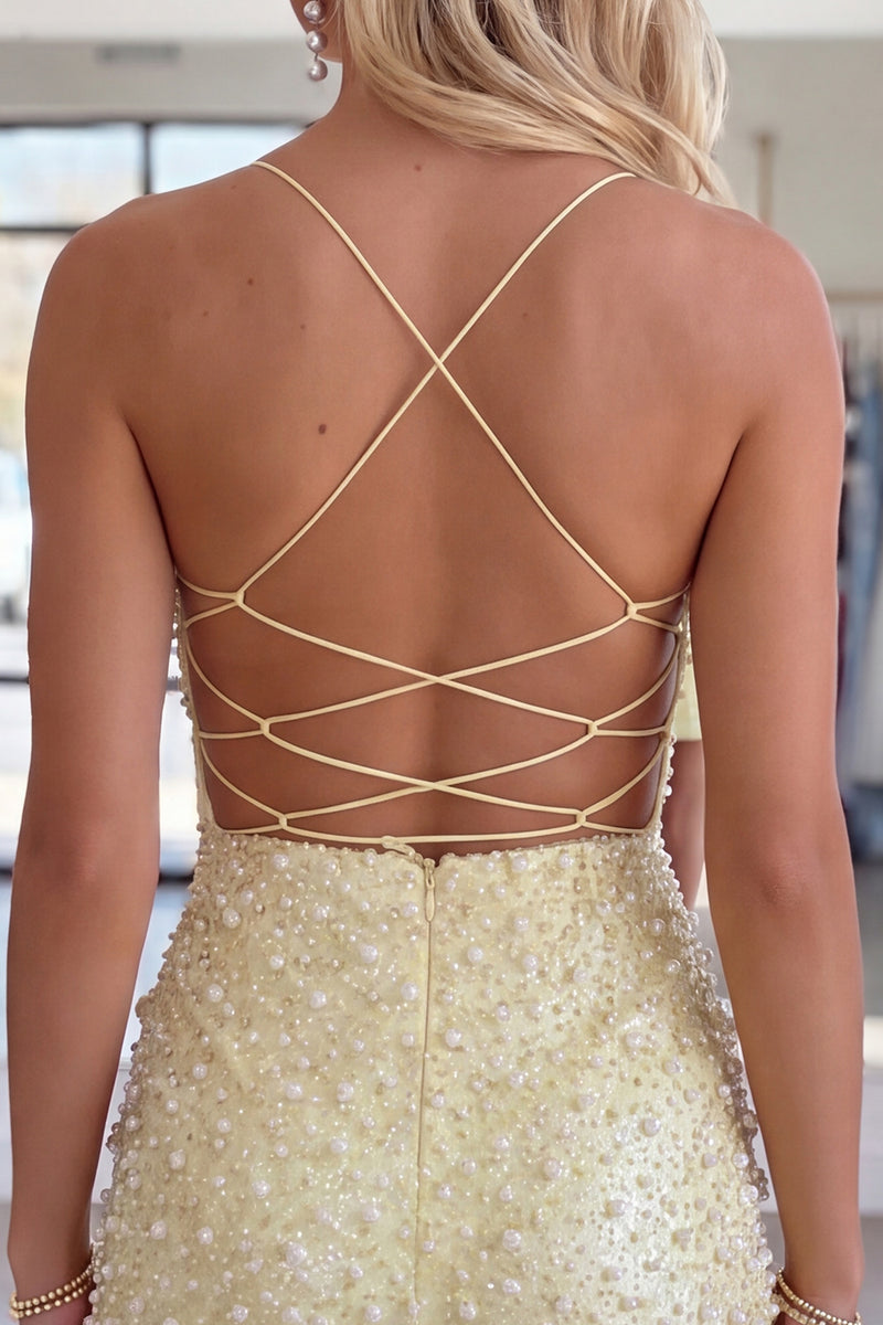 Load image into Gallery viewer, Sparkly Yellow Tight Short Homecoming Dress with Pearls