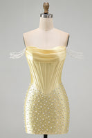 Load image into Gallery viewer, Sparkly Yellow Tight Short Corset Homecoming Dress with Pearls