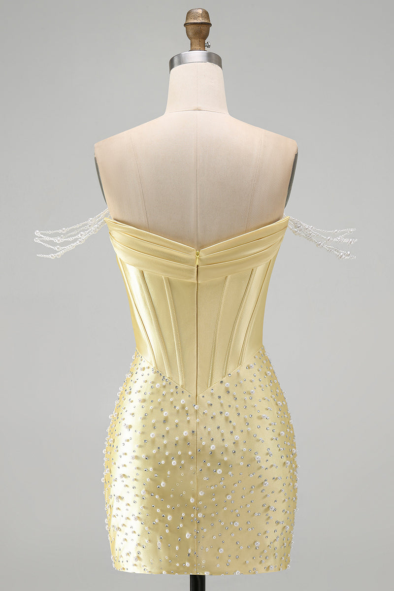 Load image into Gallery viewer, Sparkly Yellow Tight Short Corset Homecoming Dress with Pearls