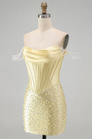 Load image into Gallery viewer, Sparkly Yellow Tight Short Corset Homecoming Dress with Pearls