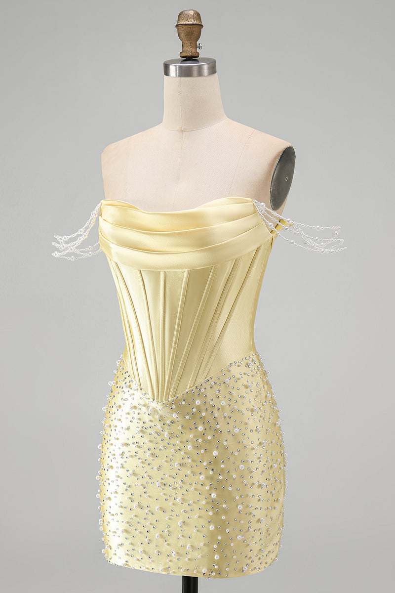 Load image into Gallery viewer, Sparkly Yellow Tight Short Corset Homecoming Dress with Pearls