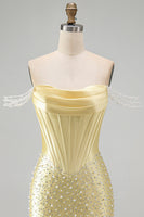 Load image into Gallery viewer, Sparkly Yellow Tight Short Corset Homecoming Dress with Pearls